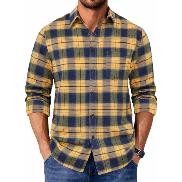 Other - Navy Yellow Men Flannel Long Sleeve Plaid Button Up Shirt Jacket